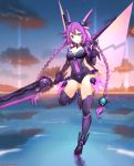  1girl absurdres blue_eyes blush braid breasts cleavage clouds gloves hair_ornament highres holding holding_weapon leotard long_hair looking_at_viewer neptune_(series) ocean purple_hair purple_heart sendrawz sky solo sunset sword symbol-shaped_pupils twin_braids very_long_hair weapon 