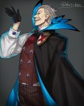  1boy ascot black_gloves cloak facial_hair fate/grand_order fate_(series) feathers gloves highres james_moriarty_(fate/grand_order) male_focus mustache nagiko_(mangalove1111) pants pinstripe_pattern striped twitter_username vertical-striped_pants vertical_stripes vest waistcoat white_hair 