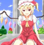  1girl :d ascot blonde_hair bluekalmia blush breasts crystal day flandre_scarlet flower frilled_shirt_collar frilled_skirt frills hair_between_eyes hat hat_ribbon looking_at_viewer mob_cap open_mouth outdoors puffy_short_sleeves puffy_sleeves red_eyes red_ribbon red_skirt red_vest ribbon shirt short_sleeves side_ponytail sitting skirt skirt_set small_breasts smile solo touhou vest white_shirt wings 