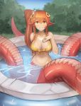  10s 1girl absurdres bare_shoulders bikini_top breasts bush cleavage collarbone day eyebrows_visible_through_hair grass hair_between_eyes hair_ornament hairclip hand_on_own_chest highres jewelry lamia long_hair looking_at_viewer medium_breasts miia_(monster_musume) monster_girl monster_musume_no_iru_nichijou navel orange_hair outdoors partially_submerged pointy_ears revision ring scales side_ponytail smile solo sookmo swimsuit wading_pool water water_drop wedding_band yellow_bikini_top yellow_eyes 