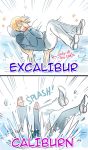  1girl 2boys 2koma blonde_hair caliburn carrying character_name comic covering_face directional_arrow english excalibur hands_on_own_face hood hoodie in_water lady_of_the_lake lake male_focus multiple_boys original pants rosel-d short_hair sparkle splashing touken_ranbu white_pants 