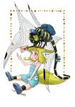  :o absurdres animal animal_ears animal_in_clothes backpack bag bandaid_on_wing bare_shoulders black_legwear blonde_hair blue_dress blue_shoes child doitsuken dragonfly dragonfly_wings dress fox_ears fox_tail hat highres holding_letter insect letter mailman multiple_tails original outstretched_arm oversized_animal shoes short_hair tail thick_eyebrows torii untied_shoes yellow_eyes 