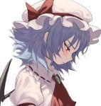  1girl ascot bat_wings blue_hair brooch fkey hat hat_ribbon jewelry looking_down mob_cap profile puffy_short_sleeves puffy_sleeves red_eyes red_ribbon remilia_scarlet ribbon short_sleeves simple_background solo touhou white_background wings 