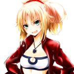  &gt;:d 1girl :d bandeau bangs blonde_hair braid breasts eyebrows_visible_through_hair fang fate/apocrypha fate_(series) green_eyes hair_ornament hair_scrunchie jacket jewelry looking_at_viewer medium_breasts necklace open_clothes open_jacket open_mouth ponytail saber_of_red scrunchie sidelocks simple_background smile solo upper_body watarui white_background 
