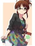  akizuki_ritsuko antenna_hair bag brown_eyes brown_hair dress folded_ponytail glasses highres idolmaster idolmaster_2 moyamu pantyhose smile tagme 