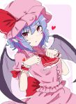  1girl ascot bat_wings hat hat_ribbon heart highres looking_at_viewer mokoo43451177 open_mouth pink_headwear pointy_ears purple_hair red_ascot red_eyes red_ribbon remilia_scarlet ribbon short_hair short_sleeves simple_background solo touhou upper_body white_background wings wrist_cuffs 