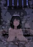  1girl bath black_hair breasts cleavage closed_eyes dark eyebrows_visible_through_hair food fruit futatsuki_eru hand_on_own_knee highres mandarin_orange night nude open_mouth partially_submerged pointy_ears shameimaru_aya sitting solo steam touhou towel towel_on_head wet 