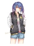  1girl akira_(aky-la) artist_name blue_hair casual cowboy_shot denim denim_shorts gradient_hair hands_in_pockets jacket letterman_jacket long_hair looking_at_viewer multicolored_hair phantasy_star phantasy_star_online_2 quna_(pso2) red_eyes shorts simple_background solo twintails twitter_username white_background 