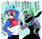  2boys arms_(game) blue_background blue_hair chains clenched_hand goggles green_hair hand_behind_head male_focus mask multiple_boys ninja ninjara_(arms) orange_eyes pointing pompadour ponytail short_hair sideburns simple_background sleeveless spring_man_(arms) sunoko24 sweat translation_request trembling wristband 