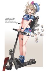  1girl bangs bare_legs blue_boots blue_shirt blue_shorts blush boots breast_pocket character_name collared_shirt copyright_name crop_top damaged eyebrows_visible_through_hair flat_cap grey_eyes grey_hair ground_vehicle hat highres mahan_(zhan_jian_shao_nyu) messy_hair midriff motor_vehicle navel open_mouth pocket rigging scooter shirt short_hair short_shorts short_sleeves shorts solo standing thigh_strap thighs windforcelan zhan_jian_shao_nyu 