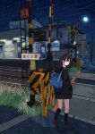  1girl bag black_hair black_legwear black_skirt blush brown_shoes duffel_bag kneehighs long_hair looking_at_viewer moon night night_sky original railroad_crossing railroad_tracks sakeharasu shoes skirt sky solo star_(sky) starry_sky 