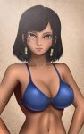  1girl black_hair blue_bra bra breasts brown_background brown_eyes collarbone dark_skin eye_of_horus facial_mark facial_tattoo hair_tubes hands_on_hips large_breasts light_smile lips looking_at_viewer medium_hair navel nose oslight overwatch pharah_(overwatch) solo tattoo underwear underwear_only upper_body 