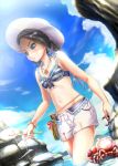  1girl abo_(kawatasyunnnosukesabu) black_hair blue_eyes blush bow breasts cleavage clouds crab day hair_bow hat jewelry looking_away medium_breasts medium_hair navel necklace original outdoors purple_bow shorts solo white_hat 