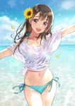  1girl :d aqua_bikini bangs bikini bikini_under_clothes blue_sky breasts brown_eyes brown_hair cowboy_shot day eyebrows_visible_through_hair flower hair_flower hair_ornament highres long_hair looking_at_viewer md5_mismatch medium_breasts morikura_en navel ocean open_mouth original outdoors outstretched_arms petals see-through shirt short_sleeves side-tie_bikini sky small_breasts smile solo sunflower swimsuit teeth thighs tied_shirt wet wet_clothes wet_shirt white_shirt 