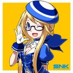  1girl ;) ascot beret blonde_hair blue-framed_eyewear blue_ascot blue_eyes breasts cleavage enta_girl falcoon glasses gloves hat highres logo mascot official_art one_eye_closed semi-rimless_glasses simple_background small_breasts smile snk solo white_gloves wrist_cuffs yellow_background 
