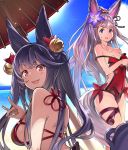  2girls :d animal_ears bare_shoulders beach bell bikini blue_eyes blue_hair blue_sky breasts casual_one-piece_swimsuit covered_navel day erun_(granblue_fantasy) fang flower fox_shadow_puppet granblue_fantasy hair_bell hair_flower hair_ornament horizon jpeg_artifacts large_breasts long_hair looking_at_viewer medium_breasts multiple_girls one-piece_swimsuit open_mouth oriental_umbrella outdoors red_eyes red_swimsuit ribbon sideboob sky smile socie_(granblue_fantasy) super_zombie sweatdrop swimsuit tail thigh_ribbon umbrella yuel_(granblue_fantasy) 