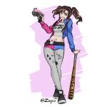  1girl absurdres animal_print arm_support baseball_bat belt belt_buckle breasts brown_eyes brown_hair buckle bunny_belt_buckle clothes_writing crop_top d.va_(overwatch) dc_comics facepaint facial_mark finger_on_trigger full_body fusion grey_legwear grey_shirt gun handgun harley_quinn headphones highres holding holding_gun holding_weapon jacket long_hair looking_at_viewer medium_breasts midriff navel overwatch pantyhose pantyhose_under_shorts pistol shirt shoes shorts sketch smile sneakers solo standing suicide_squad twintails twitter_username weapon whisker_markings white_background zeqiox 