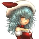  1girl bare_shoulders blue_hair curiosities_of_lotus_asia dress fangs hair_between_eyes hat hawthorn looking_at_viewer nose open_mouth red_dress red_eyes remilia_scarlet simple_background solo touhou upper_body white_background white_hat 