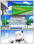  10s 1girl :&lt; ahoge anchor_symbol building clouds cloudy_sky comic commentary_request contemporary convenience_store dress highres horizon horns kantai_collection long_hair mittens mountain non_non_biyori northern_ocean_hime orange_eyes rice_paddy scanery shinkaisei-kan shop sky solo sweat translation_request tsukemon white_dress white_hair white_skin wind_chime 
