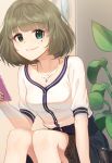  10s 1girl blue_eyes blush breasts cleavage closed_mouth collarbone eyebrows_visible_through_hair green_eyes green_hair heterochromia highres idolmaster idolmaster_cinderella_girls jewelry kamille_(vcx68) looking_at_viewer medium_breasts necklace short_hair sitting smile solo takagaki_kaede 