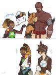  ... 1girl 2boys 2koma abs areolae armor bald bare_shoulders bomber_jacket brown_hair brown_jacket clenched_hand comic dark_skin dark_skinned_male doomfist_(overwatch) facial_hair fist_bump goatee goggles hairlocs harness headphones headphones_around_neck high_ponytail highres jacket leather looking_at_another lucio_(overwatch) multiple_boys muscle overwatch shirtless simple_background spiky_hair spoken_ellipsis sweatdrop tank_top tattoo tracer_(overwatch) twitter_username visor white_background 