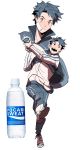  1boy bandage_on_face blue_eyes blue_hair bottle full_body glasses_enthusiast highres looking_at_viewer male_focus open_mouth original personification pocari_sweat shoes short_hair simple_background smile sneakers solo standing standing_on_one_leg track_suit white_background 