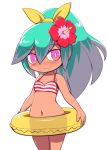  10s 1girl aqua_hair beachhime bikini blush breasts cropped_legs flower hair_flower hair_ornament high_ponytail innertube long_hair looking_at_viewer multicolored_hair navel nollety pink_eyes simple_background small_breasts smile solo striped striped_bikini swimsuit tan two-tone_hair white_background youkai youkai_watch 