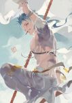  1boy blue_hair bracelet cigarette earrings fate/grand_order fate/stay_night fate_(series) from_behind gae_bolg jewelry lancer male_focus mouth_hold necklace polearm ponytail red_eyes rei_(sanbonzakura) ribbon shirtless solo spear weapon 