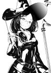  1girl absurdres bangs belt blush breasts commentary_request fukushima_masayasu glasses hat highres little_witch_academia long_sleeves looking_at_viewer monochrome parted_bangs solo ursula_charistes wand white_background wide_sleeves witch_hat 