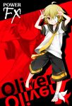  1boy ahoge bandage bandage_over_one_eye barefoot bass_clef blonde_hair character_name closed_eyes company_name cosplay full_body grin hair_over_one_eye halftone kagamine_len kagamine_len_(cosplay) leg_warmers mizuhoshi_taichi necktie oliver_(vocaloid) sailor_collar shorts silhouette smile smirk solo vocaloid zoom_layer 