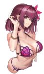  1girl adjusting_hair alternate_hair_length alternate_hairstyle bikini bracelet breasts collarbone fate/grand_order fate_(series) flower grin hair_flower hair_intakes hair_ornament jewelry large_breasts looking_at_viewer mins_(minevi) navel purple_bikini purple_hair red_eyes scathach_(fate/grand_order) scathach_(swimsuit_assassin)_(fate) short_hair simple_background smile solo swimsuit upper_body white_background 