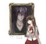  1boy 1girl artist_request ascot bangs brown_eyes brown_hair closed_eyes collarbone commentary_request eyebrows_visible_through_hair flower garry_(ib) holding holding_flower ib ib_(ib) long_hair long_sleeves painting_(object) portrait_(object) purple_hair red_rose red_skirt rose shirt signature simple_background skirt white_background white_shirt 