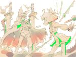  2girls battle bow cape commentary_request dress floating_swords freckles frown green_eyes guilty_gear guilty_gear_xrd hair_bow hat iesupa multiple_girls penny_polendina ramlethal_valentine rwby short_hair shorts smile thigh-highs thigh_strap yellow_eyes 