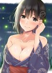  10s 1girl absurdres arm_at_side bangs bare_shoulders blush breasts brown_eyes brown_hair cleavage closed_mouth collarbone commentary_request eyebrows_visible_through_hair fireflies floral_print glowing grass haguro_(kantai_collection) hair_between_eyes hair_ornament hand_to_head hand_up highres japanese_clothes kantai_collection kimono large_breasts long_sleeves looking_at_viewer night off_shoulder outdoors pink_lips red_ribbon ribbon sash short_hair smile solo upper_body wide_sleeves yoshiwoka yukata 