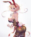  1girl animal_ears ass back bangs bare_shoulders blonde_hair blue_eyes blush breasts bunny_tail bunnysuit closed_mouth cowboy_shot detached_collar elbow_gloves eyebrows_visible_through_hair fake_animal_ears from_side gloves grey_background hair_between_eyes highres large_breasts looking_at_viewer nadare-san_(nadare3nwm) original rabbit_ears short_hair_with_long_locks sideboob signature solo tail wrist_cuffs 