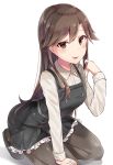  10s 1girl :q arashio_(kantai_collection) black_dress blush brown_eyes brown_hair commentary_request dress frilled_dress frills highres kantai_collection long_hair long_sleeves looking_at_viewer pantyhose pinafore_dress remodel_(kantai_collection) seiza simple_background sitting solo tongue tongue_out white_background zhi_zhi/zu_zu 