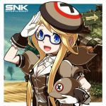  1girl blonde_hair blue-framed_eyewear blue_eyes enta_girl falcoon glasses gloves ground_vehicle hat helmet highres logo mascot metal_slug military military_vehicle motor_vehicle official_art puffy_short_sleeves puffy_sleeves short_hair_with_long_locks short_sleeves sidelocks snk solo tank white_gloves 