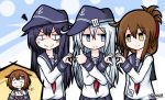  10s 4girls akatsuki_(kantai_collection) blue_eyes brown_hair cellphone commentary flat_cap folded_ponytail hat heart heart_hands hibiki_(kantai_collection) highres ikazuchi_(kantai_collection) inazuma_(kantai_collection) kantai_collection laughing long_hair multiple_girls neckerchief phone raythalosm school_uniform serafuku smartphone thumbs_up white_hair 