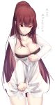  1girl blush breasts choker cleavage dev eyebrows_visible_through_hair girls_frontline highres large_breasts long_hair ponytail purple_hair red_eyes see-through shirt simple_background solo tight_shirt translation_request trembling very_long_hair wa2000_(girls_frontline) white_background zipping 