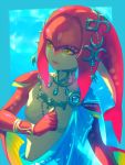  1girl bellhenge breasts fins fish_girl hair_ornament jewelry long_hair mipha monster_girl multicolored multicolored_skin no_eyebrows red_skin redhead smile solo the_legend_of_zelda the_legend_of_zelda:_breath_of_the_wild yellow_eyes zora 