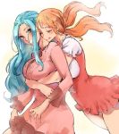  2girls ;q blue_hair blush breasts dress earrings glomp highres hug hug_from_behind jewelry kenshin187 large_breasts long_hair multiple_girls nami_(one_piece) nefertari_vivi one_eye_closed one_piece orange_hair pink_dress tongue tongue_out yuri 