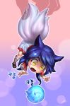  1girl ahri animal_ears bare_shoulders black_hair chibi detached_sleeves energy_ball facial_mark fang fox_ears fox_tail highres korean korean_clothes league_of_legends long_hair multiple_tails open_mouth phantom_ix_row slit_pupils solo tail translation_request whisker_markings yellow_eyes 