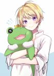  1boy akariko_(akaringo) blonde_hair crown highres idolmaster idolmaster_side-m kaeru_(idolmaster) looking_at_viewer male_focus pierre_(idolmaster) smile solo stuffed_animal stuffed_frog stuffed_toy violet_eyes 