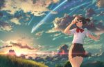  1girl aguy ahoge bangs black_hair blush bow bowtie clouds cloudy_sky collared_shirt comet cowboy_shot grass kimi_no_na_wa looking_up miyamizu_mitsuha outdoors parted_lips pleated_skirt ponytail red_bow red_bowtie red_eyes red_string scenery school_uniform shirt shooting_star short_sleeves sidelocks skirt sky smile solo string tareme thighs twilight white_shirt 