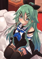  10s 1girl between_legs black_legwear black_serafuku blush commentary_request detached_sleeves green_eyes green_hair hair_ornament hair_ribbon hairclip hand_between_legs highres indoors kantai_collection long_hair neckerchief on_bed pillow pout ribbon sailor_collar school_uniform serafuku solo suzuki_toto thigh-highs yamakaze_(kantai_collection) zettai_ryouiki 