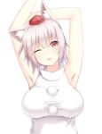  1girl animal_ears bare_shoulders breasts fang hat highres impossible_clothes inubashiri_momiji kouyadoufu_dx large_breasts looking_at_viewer one_eye_closed open_mouth pom_pom_(clothes) red_eyes short_hair silver_hair simple_background solo tokin_hat touhou white_background wolf_ears 