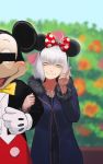  1girl ahoge animal_ears bar_censor blue_sky bow casual censored coat commentary_request cosplay cross crucifix day disney fake_animal_ears fate/grand_order fate_(series) flower fur_trim gloves grey_hair identity_censor jeanne_alter locked_arms mickey_mouse minnie_mouse minnie_mouse_(cosplay) mouse_ears open_mouth outdoors pointless_censoring polka_dot polka_dot_bow ruler_(fate/apocrypha) short_hair sky smile tuxedo_jacket v wavy_mouth white_gloves white_hair yellow_eyes yue_(tada_no_saboten) 