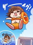  10s 1girl bikini brown_hair chibi closed_eyes clouds cloudy_sky honda_mio idolmaster idolmaster_cinderella_girls jewelry mori_kinoko necklace sky solo sweatdrop swimsuit water 