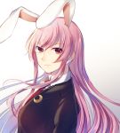  1girl animal_ears bangs blazer breasts closed_mouth collared_shirt commentary_request crescent crescent_moon_pin female from_side gradient gradient_background jacket kaede_(mmkeyy) lavender_hair long_hair long_sleeves looking_at_viewer looking_to_the_side medium_breasts necktie pink_hair rabbit_ears red_eyes red_necktie reisen_udongein_inaba shirt solo touhou upper_body white_background white_shirt wing_collar 