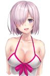  1girl bare_shoulders breasts collarbone fate/grand_order fate_(series) hair_over_one_eye highres looking_at_viewer medium_breasts open_mouth purple_hair shielder_(fate/grand_order) shinno short_hair simple_background smile solo violet_eyes white_background 